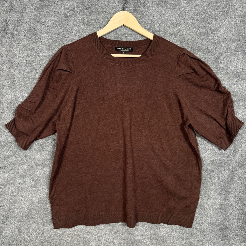 RM Studio x Rebecca Minkoff Plus Size 1X Sweater Brown Ruched Short Sleeves Knit